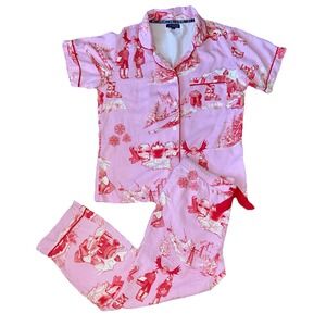 Katie Kime Pajama Set Apres Ski Toile Modal Cotton Pink Women's Medium Pants Top